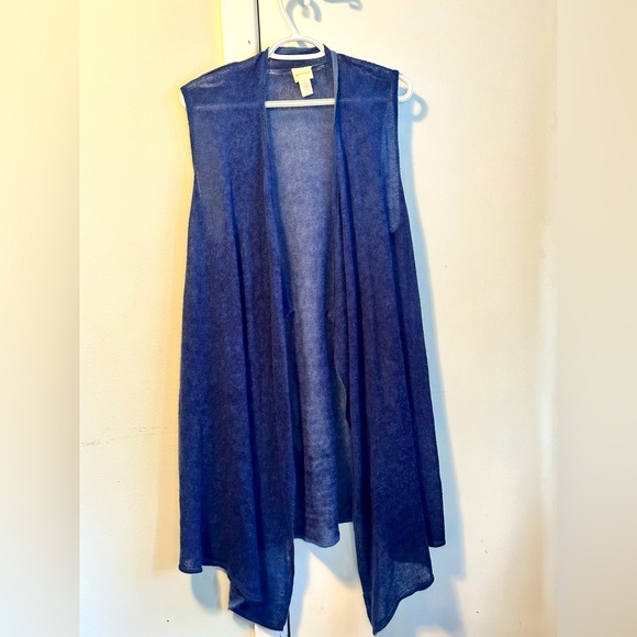 Light loose knit long blue open vest. - Picture 1 of 4